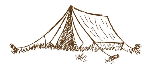 Wall Mural - Vector line drawing of a tourist tent with pegs. Rough vintage monochrome brown freehand illustration isolated on transparent background