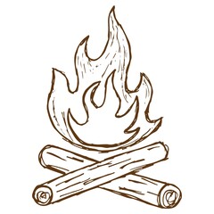 Wall Mural - Vector line drawing of a fire with firewood. Rough vintage monochrome brown freehand illustration isolated on transparent background