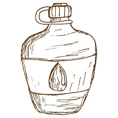 Wall Mural - Vector line drawing of a flask with water. Rough vintage monochrome brown freehand illustration isolated on transparent background