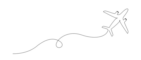 Poster - One Continuous line drawing of flying up airplane path. Concept of world travel and international flight with trace in simple linear style. Editable stroke. Doodle Vector illustration