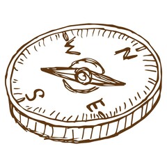 Wall Mural - Vector line drawing of compass. Rough vintage monochrome brown freehand illustration isolated on transparent background