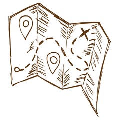 Wall Mural - Vector line drawing of a treasure hunt paper map. Rough vintage monochrome brown freehand illustration isolated on transparent background
