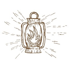 Wall Mural - Vector line drawing of an outdoor gasoline lamp. Rough vintage monochrome brown freehand illustration isolated on transparent background