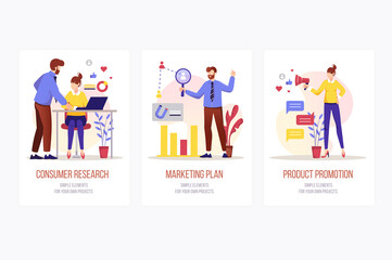 Wall Mural - marketing concept onboarding screens. team does consumer research, creates plan and promotes product