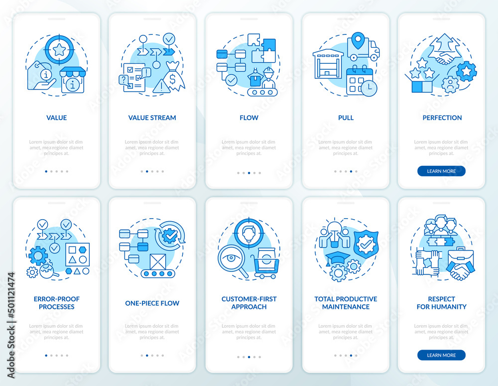 Lean manufacturing blue onboarding mobile app screen set. Walkthrough 5 ...