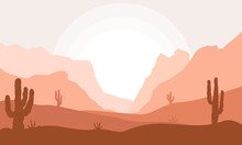 Desert Landscape Background. Desert Area With Sand, Mountains And Cactuses For Landing Page.