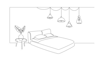 Aufkleber - Continuous one line drawing of bed and table with vase with monstera leaf and hanging loft lamps. Scandinavian home furniture for sleep bedroom in simple linear style. Doodle Vector illustration