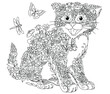 Floral adult coloring book page. Fairy tale kitten. Ethereal animal consisting of flowers, leaves and insects. 