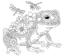 Floral Adult Coloring Book Page. Fairy Tale Frog. Ethereal Animal Consisting Of Flowers, Leaves And Dragonflies. 