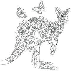 Wall Mural - Floral adult coloring book page. Fairy tale kangaroo. Ethereal animal consisting of flowers, leaves and butterflies. 