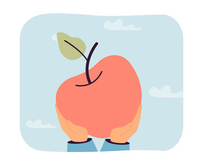 Wall Mural - Hands holding huge apple flat vector illustration. Man eating natural eco fruits, enjoying fresh organic apple. Food, healthy lifestyle, vitamins concept for banner, website design or landing web page