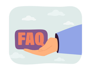 Canvas Print - hand holding faq letters. search of answers to important questions for curious person flat vector il