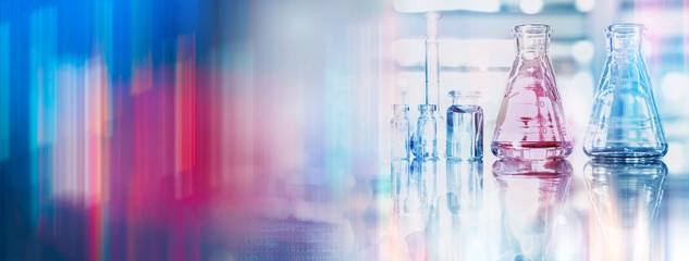 Wall Mural - glass flask and vial chemistry science research lab and colorful abstract banner background