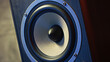 Close-up of a speaker woofer. A perspective natural shot of analog equipment, symbol of music and sound