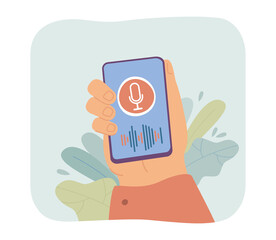 Wall Mural - hand holding phone with music player on screen. person listening to music or recording audio flat ve