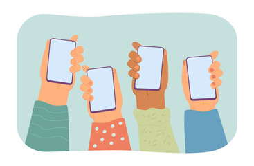 Wall Mural - human hands holding mobile phones with blank screens. people using modern smart devices flat vector 