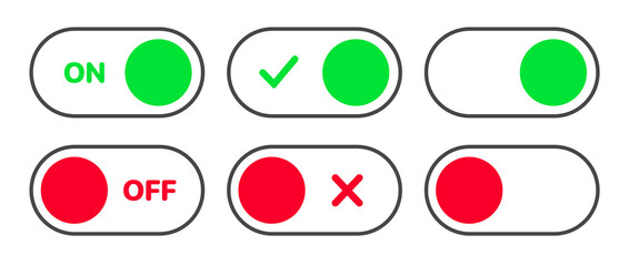 Leinwandbilder - On and Off toggle switch icons. Switch toggle buttons ON OFF. Material design switch buttons set. Open and close ui icons. Active and Inactive icon. Stock Vector.