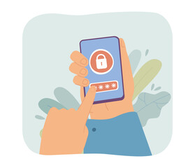Wall Mural - hand holding phone with screen lock flat vector illustration. person entering pin code or password o