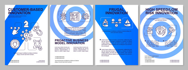 Future of innovation management aspects blue brochure template. Low risk. Leaflet design with linear icons. 4 vector layouts for presentation, annual reports. Arial, Myriad Pro-Regular fonts used