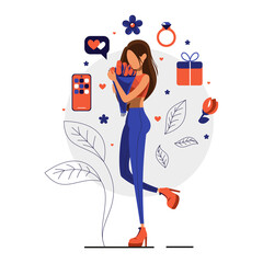 Wall Mural - Girl with flowers in her hands, gift, ring, smartphone, flower and bubble icons. Vector flat illustration for web, mobile apps and social media. 