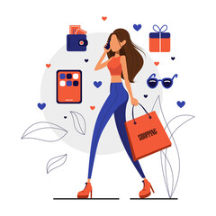 Wall Mural - Girl walks with shopping bag in her hands, gift, glasses, tablet and wallet icons. Vector flat illustration for web, mobile apps and social media. 