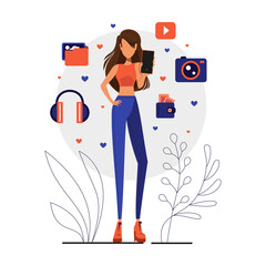 Wall Mural - Girl holds smartphone in her hands, camera, music, video, folder and wallet icons. Vector flat illustration for web, mobile apps and social media. 