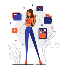 Wall Mural - Girl listens music using smartphone and headphones, tablet, camera, music, video and wallet icons. Vector flat illustration for web, mobile apps and social media. 