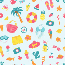 Summer Seamless Pattern With Clothes, Palm Tree, Fruit And Ice Cream. Vector Bright Print