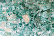 Surface full of broken tempered glass shards, broken green tempered glass.