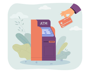 Sticker - Hands of customer holding credit card near ATM machine. Person withdrawing cash money, checking balance flat vector illustration. Bank service concept for banner, website design or landing web page