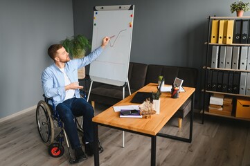 Wall Mural - A man in a wheelchair is working in a office. The concept of work of people with disabilities.