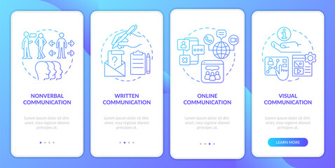 Wall Mural - communication forms blue gradient onboarding mobile app screen. walkthrough 4 steps graphic instruct