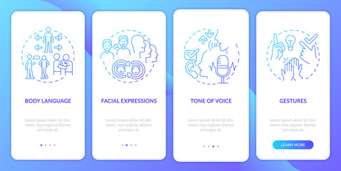 Wall Mural - non-verbal communication elements gradient onboarding mobile app screen. walkthrough 4 steps graphic