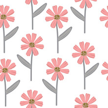 Seamless Floral Pattern With Pink Flowers Gray Stems And Leaves On A White Background Used For Wallpaper, Fabric And Prints.