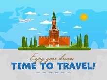 Welcome To Russia Poster With Famous Attraction Vector Illustration. Travel Design With Kremlin Palace At Red Square. Worldwide Landmark And Historical Place, Tour Guide For Traveling Agency