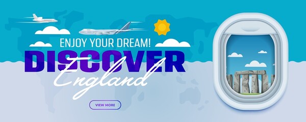 Discover England. Traveling the world by plane. Tourism and vacation theme. Attraction of airplane window. Modern flat vector design banner.