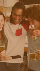 Wall Mural - animation of light spots over happy diverse friends using smartphone with beer