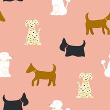 Poodle, Dalmation, And Scottie Dog Seamless Vector Pattern Design On Pink Background
