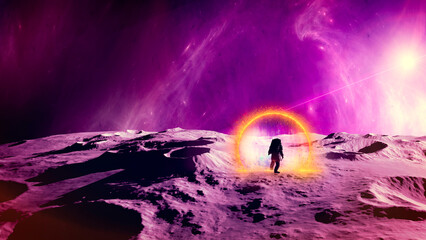 travel in space time. time traveler enters a portal that unites two worlds. futuristic landscape of 