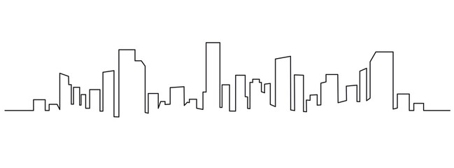 Wall Mural - Modern cityscape continuous one line vector drawing. Metropolis architecture panoramic landscape. New York skyscrapers hand drawn silhouette. Apartment buildings isolated minimalistic illustration