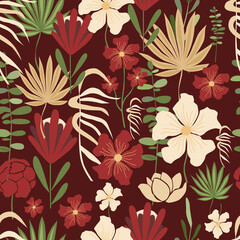 Wall Mural - Vector seamless pattern, red and white flowers on a dark background. Fashion illustration in trend