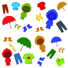 A Set Of Clothes For A Little  Boy For Autumn: A T-shirt, Pants, A Raincoat, An Umbrella, Boots, Socks. Outfit For A Child For Autumn