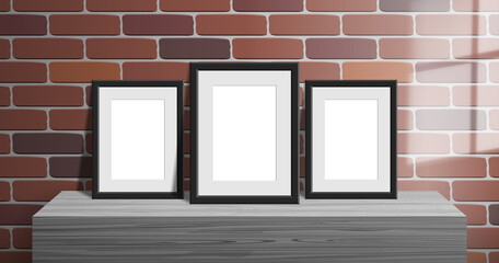 Wall Mural - three empty blank picture frames on wooden table window light  effect on the brick wall mock up vector illustration