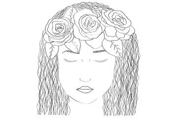 Painted black and white girl with eyes closed, hair roses, you can use for postcard, clothing printing and beauty salon ․