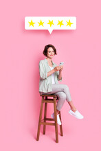 Photo Artwork Minimal Collage Of Beautiful Lady Sitting Chair Leaving Goods Feedback Isolated Pink Color Background
