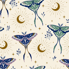 retro celestial seamless pattern with herbs. boho magic background with space elements stars, butter