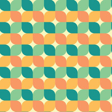 Mid Century Modern Geometric Leaves Retro 70s Seamless Pattern In Orange, Apricot, Pale Green, Emerald Green Over Cream Background. For Home Décor, Textile, Wallpaper And Gift Wrapping Paper 