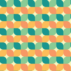 Wall Mural - Mid century modern geometric leaves retro 70s seamless pattern in orange, amber, pale green, emerald green over cream background. For home décor, textile, wallpaper and gift wrapping paper 