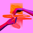 Leinwandbild Motiv Contemporary art collage. Modern design work in neon trendy colors. Tender human hands. Stylish and fashionable composition. Light touch of hands.
