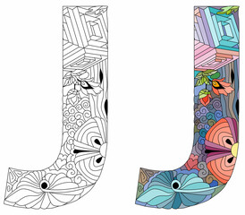 Letter J monogram for coloring, engraving design. Vector illustration. Color and outline set